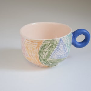 Colorful Sketch Mug | 10 Oz, 300 ml, Handmade, Ceramic, Unique, Large, Coffee Mug with Blue Ring Handle for Daily Usage or Gifting