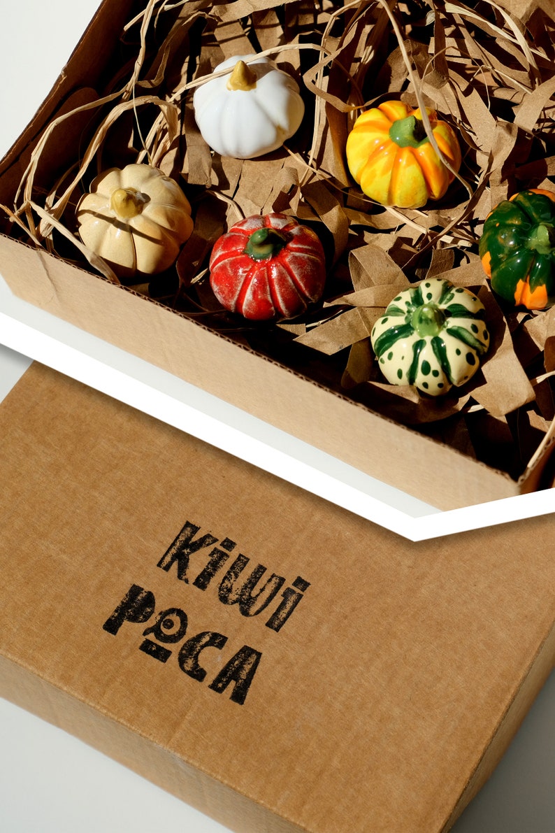 May include: A cardboard box with the words "Kiwi Paca" printed on the front. The box is filled with small ceramic pumpkins in various colors, including white, yellow, red, green, and orange.