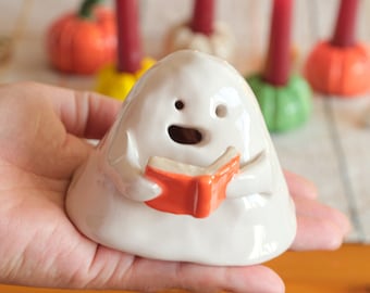 Handmade Ceramic Booklover Ghost: Halloween Incense Burner & Tea Light Holder