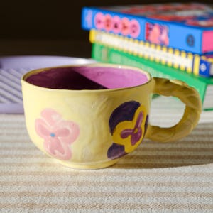 Handmade Ceramic Violet Mug: Floral Pansy Coffee Cup