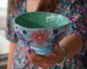 Wild flowered handmade ceramic bowl