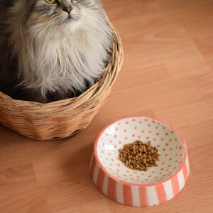 May include: A pink and white ceramic pet bowl with a heart pattern and white stripes. The bowl is 7.5 inches in diameter and is shown with a small amount of brown pet food inside. The text "Double-sided use" is printed below the bowl.