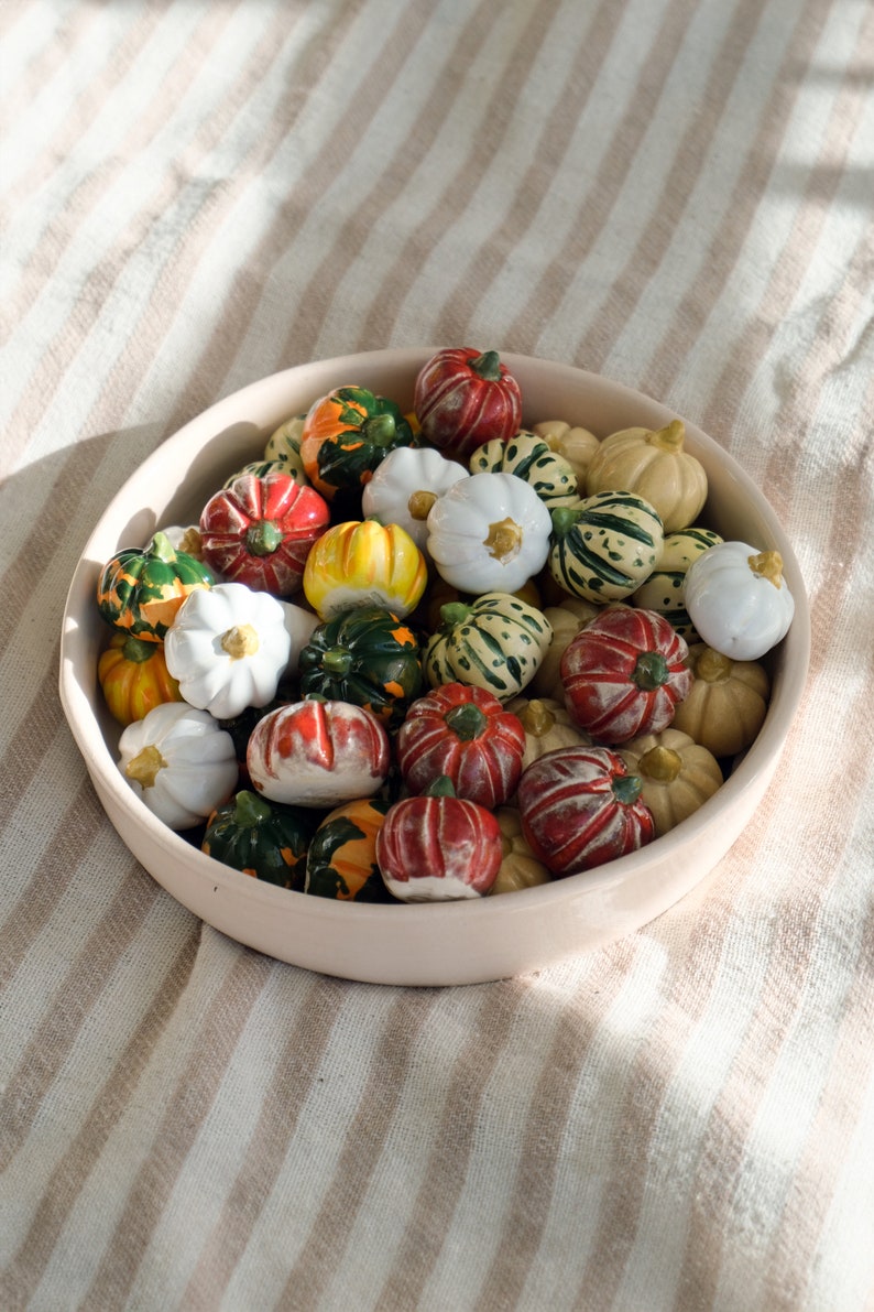 May include: A bowl filled with miniature gourds and pumpkins in various colors, including white, green, red, orange, and yellow. The gourds and pumpkins are arranged in a random pattern and have a variety of shapes and sizes.