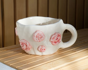 La Vie En Rose Mug Handmade Ceramic Coffee Cup Unique Pottery Decoration Kitchen