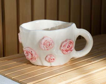 La Vie En Rose Mug Handmade Ceramic Coffee Cup Unique Pottery Decoration Kitchen