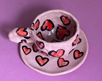 Sketchy Heart Pink Mug & Saucer Set | Handmade Ceramic, Valentines Day Gift, Unique Coffee Pottery Cup