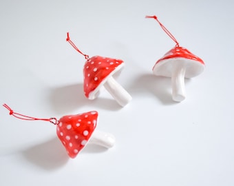 Handmade Ceramic Mushroom Christmas Ornament Set: Red Toadstool Decor