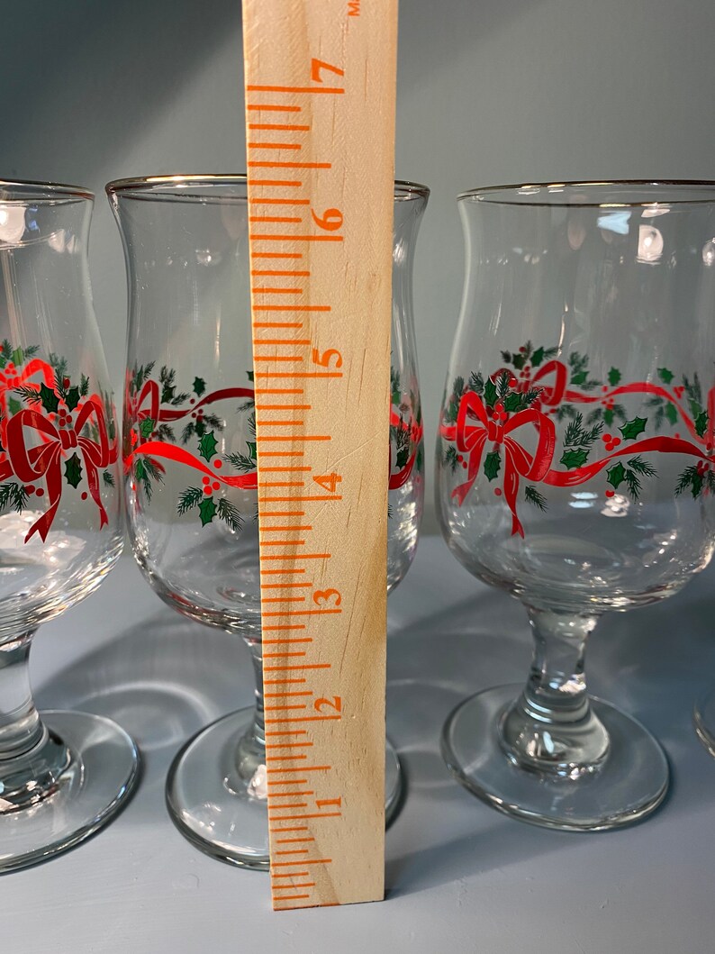 Handled Glass Vintage Libbey Wine Glasses Gold Rim Christmas Holly Red Ribbon Bows