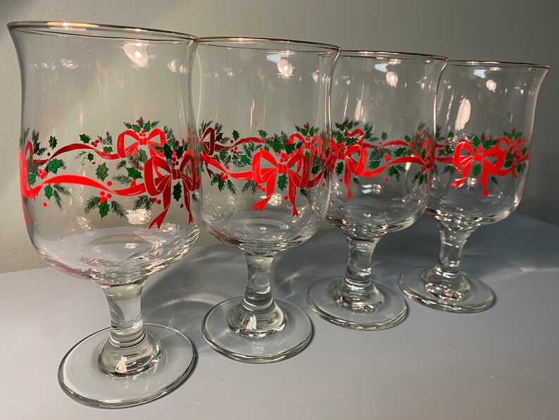 Handled Glass Vintage Libbey Wine Glasses Gold Rim Christmas Holly Red Ribbon Bows