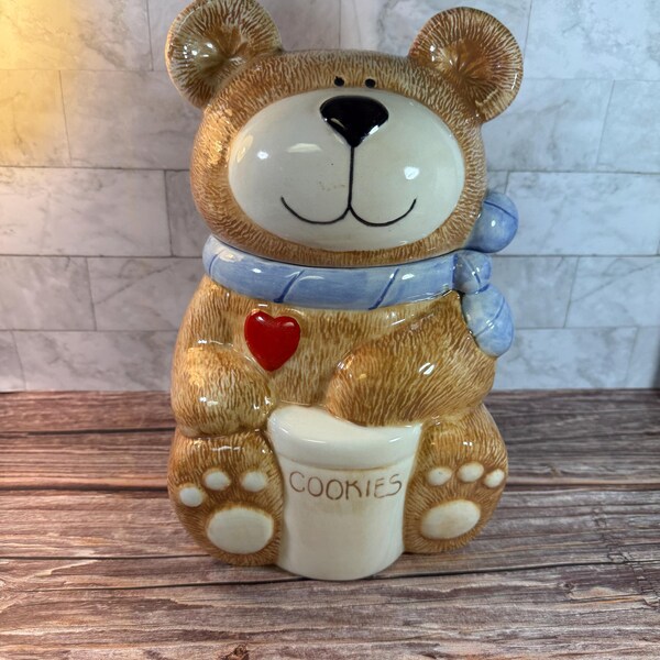 Vintage Teddy Bear Cookie Jar with Blue Scarf & Heart | Ceramic Bear Cookie Canister | Cute Kitchen Decor | Cottagecore | Gift for Bear Love