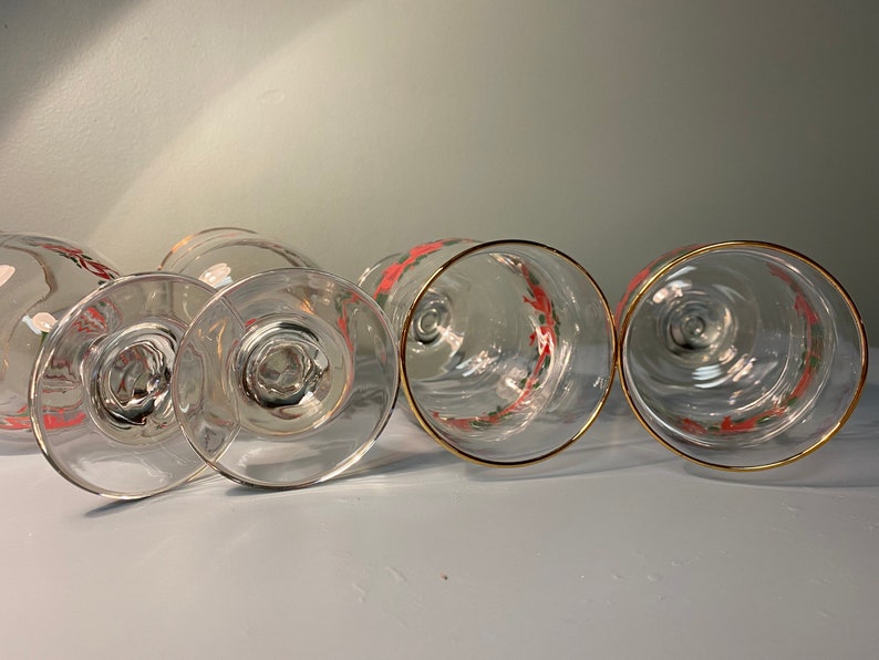 Handled Glass Vintage Libbey Wine Glasses Gold Rim Christmas Holly Red Ribbon Bows
