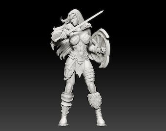 May include: A white 3D printed figurine of a female warrior holding a sword and shield. She is wearing armor and a fur cloak.