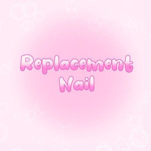Puede incluir: Texto en degradado rosa y blanco sobre un fondo rosa con estrellas y círculos blancos. El texto dice "Replacement Nail".
