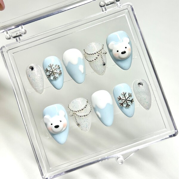 Polar Bear Cuties Press-on Nails || kawaii winter nails, glitter 3d snowflake nails