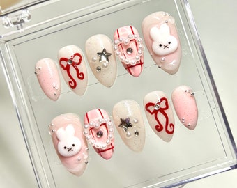 Love Bunny Press-On Nails || 3d nails, pink coquette bow nails