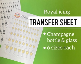 Champagne icing transfer sheet 6 sizes, Wedding glass royal icing template, New Year cookie icing transfer, Christmas cookie stencil
