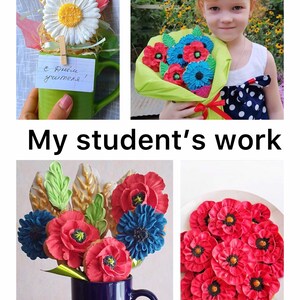 May include: A student's work of decorated cookies in the shape of flowers. The cookies are arranged in a bouquet and in a plate. The cookies are decorated with red, blue, and green icing. The cookies are in a blue mug and on a white plate. The text "С Днём учителя!" is written on a green mug.