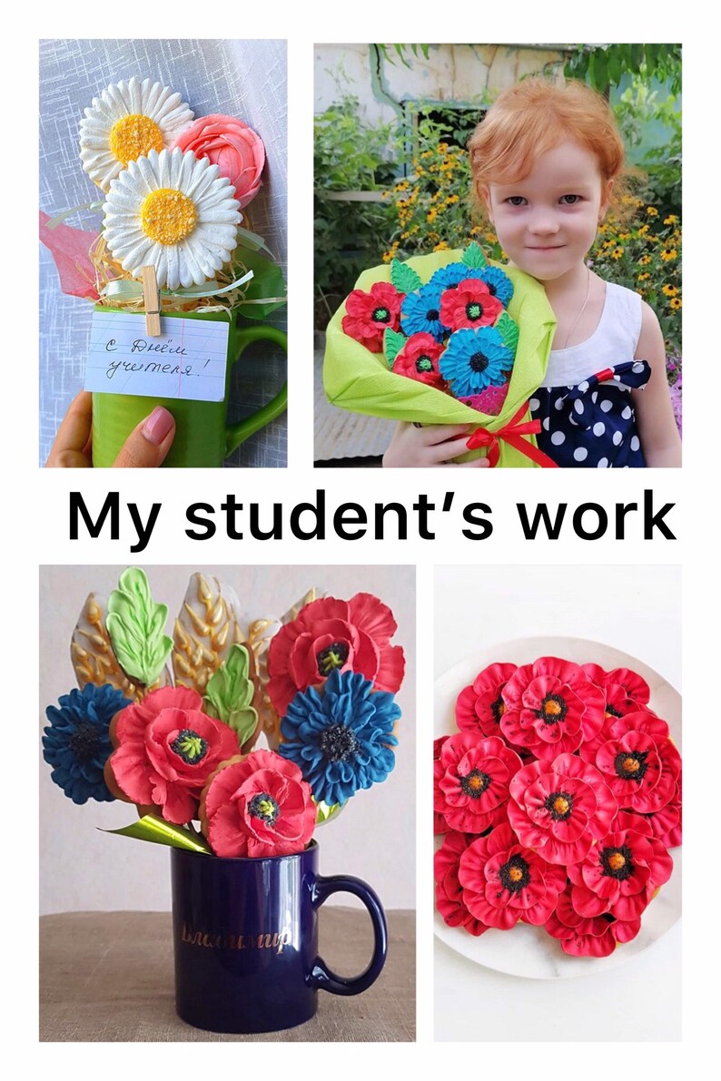 May include: A student's work of decorated cookies in the shape of flowers. The cookies are arranged in a bouquet and in a plate. The cookies are decorated with red, blue, and green icing. The cookies are in a blue mug and on a white plate. The text "С Днём учителя!" is written on a green mug.
