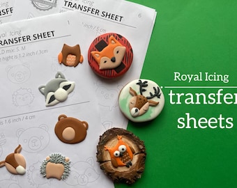 Forest animals Icing transfer sheet (6 types, 7 sizes), Owl, bear, deer, fox, hedgehog raccoon royal icing template, Woodland cookie stencil