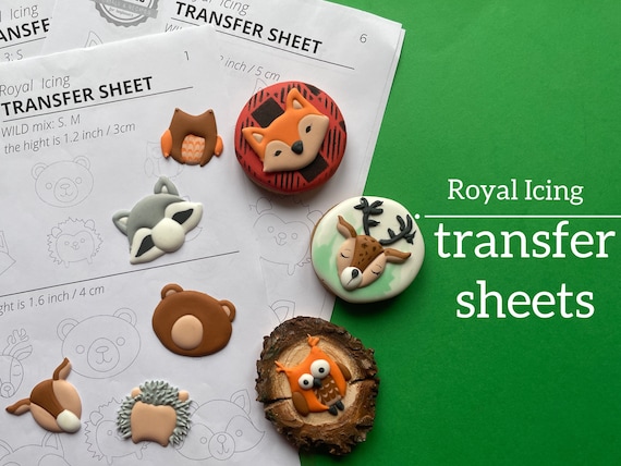 Forest animals Icing transfer sheet (6 types, 7 sizes), Owl, bear, deer, fox, hedgehog raccoon royal icing template, Woodland cookie stencil