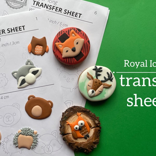 Forest animals Icing transfer sheet (6 types, 7 sizes), Owl, bear, deer, fox, hedgehog raccoon royal icing template, Woodland cookie stencil