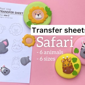May include: A set of six safari animal transfer sheets for decorating cookies. The sheets feature a lion, monkey, elephant, hippopotamus, giraffe, and zebra. The sheets are printed on white paper and are 1.97 inches tall.