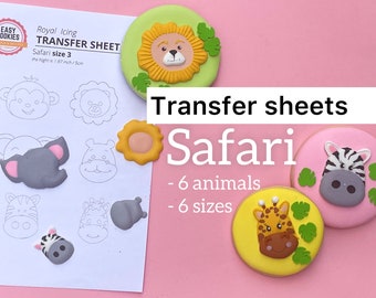 Safari icing transfer sheet 6 animals- 6 sizes, Lion zebra giraffe monkey elephant hippo icing transfer, Jungle animals royal icing template