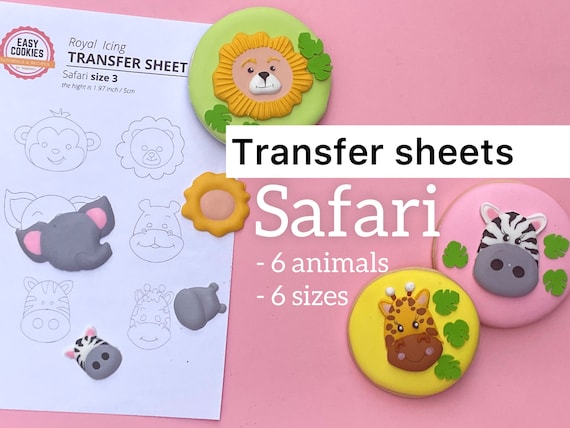 Safari icing transfer sheet 6 animals- 6 sizes, Lion zebra giraffe monkey elephant hippo icing transfer, Jungle animals royal icing template
