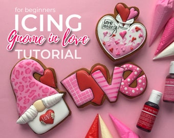 Valentine cookie class, Royal icing gnome cookie decorate video tutorial +Workbook + cookie templates, Galentine cookie lesson for beginners