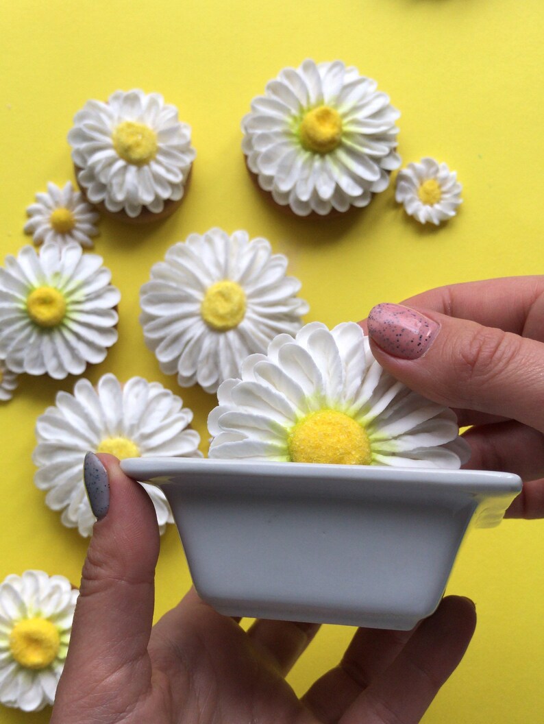 May include: A white ceramic dish with a square shape and rounded edges. The dish is filled with white daisy-shaped cookies with yellow centers. The cookies are arranged in a circle around the dish.