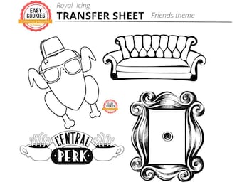 Friends theme icing transfer sheet 4 patterns 5 size, Friends frame icing transfer, Turkey royal icing template, Central Perk cookie pattern