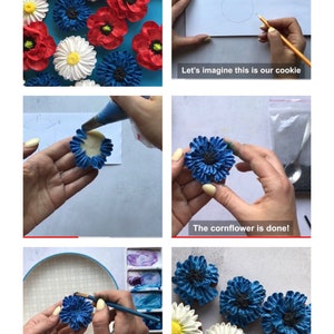 May include: A step-by-step guide on how to make a blue cornflower cookie decoration. The image shows a hand piping frosting onto a cookie, then adding blue frosting to create the flower petals. The final image shows a finished cornflower cookie decoration.