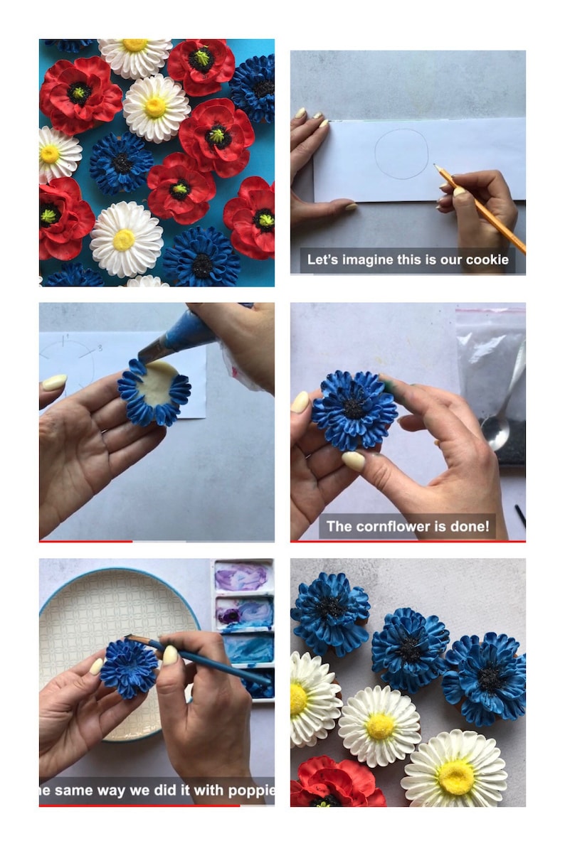 May include: A step-by-step guide on how to make a blue cornflower cookie decoration. The image shows a hand piping frosting onto a cookie, then adding blue frosting to create the flower petals. The final image shows a finished cornflower cookie decoration.