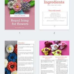 May include: A four-page printable guide with instructions on how to make royal icing flowers. The guide includes a list of ingredients, directions, and tips for storing the icing. The cover features a bouquet of colorful royal icing flowers.
