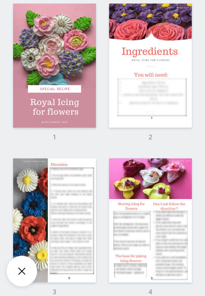 May include: A four-page printable guide with instructions on how to make royal icing flowers. The guide includes a list of ingredients, directions, and tips for storing the icing. The cover features a bouquet of colorful royal icing flowers.