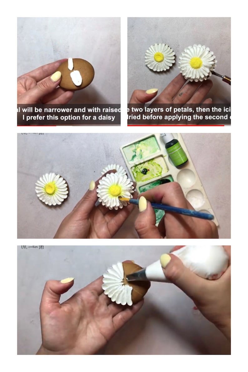 May include: A step-by-step guide on how to create a daisy flower using white icing on a brown cookie. The image shows the process of piping the petals, adding a yellow center, and painting the flower with green watercolor.