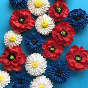 May include: Assortment of decorated sugar cookies with red, white, and blue frosting. The cookies are shaped like flowers, including daisies, poppies, and cornflowers.