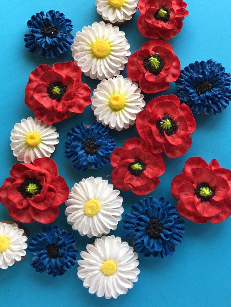 May include: Assortment of decorated sugar cookies with red, white, and blue frosting. The cookies are shaped like flowers, including daisies, poppies, and cornflowers.