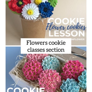 K&ouml;nnte beinhalten: Nahaufnahme eines Keksbouquets mit roten, wei&szlig;en und blauen Blumen. Der Strau&szlig; befindet sich in einem braunen Papierbecher. Der Text "COOKIE Flower cookies LESSON" ist auf dem Bild zu sehen. Das zweite Bild zeigt eine Schachtel mit Keksen, die als Hortensien in Rosa und Blau verziert sind. Der Text "COOKIE Hydrangea VIDEO CLASS" ist auf dem Bild zu sehen.