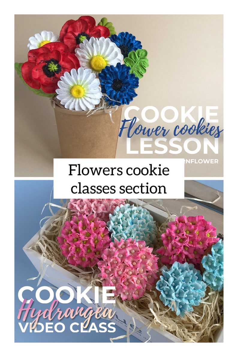 K&ouml;nnte beinhalten: Nahaufnahme eines Keksbouquets mit roten, wei&szlig;en und blauen Blumen. Der Strau&szlig; befindet sich in einem braunen Papierbecher. Der Text "COOKIE Flower cookies LESSON" ist auf dem Bild zu sehen. Das zweite Bild zeigt eine Schachtel mit Keksen, die als Hortensien in Rosa und Blau verziert sind. Der Text "COOKIE Hydrangea VIDEO CLASS" ist auf dem Bild zu sehen.