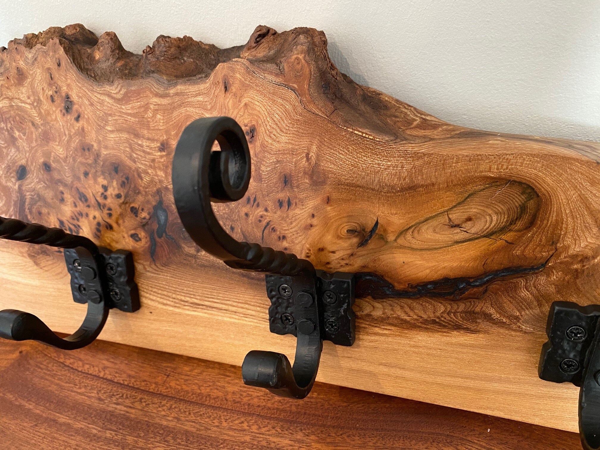 Hand crafted live edge elm burr / burl coat rack / coat hooks Etsy