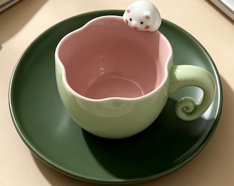 Handmade Pig Rim Hugger Mug, Cute Porcelain Animal Cup, 3D Piggy Teacup with Curly Tail Handle, Flower Edge Coffee Mug, Gift for Pig Lovers