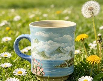 Hand Painted Windmill Landscape Porcelain Mug, 360 Pastoral Scenery Coffee Cup, Cottagecore Meadow & Lake Tea Mug, Gift for Nature Lovers