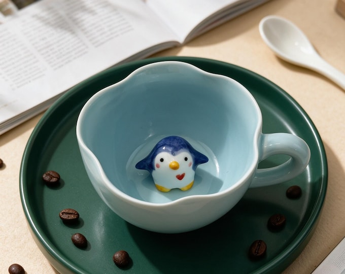 Featured listing image: Handmade Penguin Bathtub Mug, Cute Porcelain Animal Cup, Secret Surprise Coffee Mug, Flower Edge Tea cup, Unique Gift for animal lover