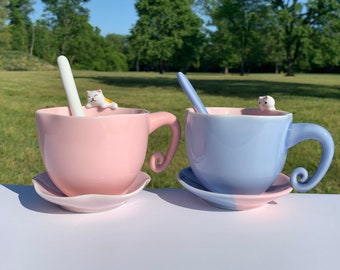 Unique Cat Mugs - Colorful Ceramic Cups for Tea or Coffee, Cat Cup, Handmade Ceramic Cup, Coffee Cup, Animal Cup, Perfect Gift