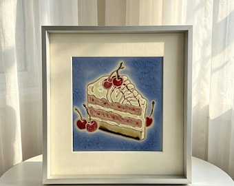 Hand Painted Cherry Cake Porcelain Painting, Framed Slice of Cake Ceramic Art, Original Dessert Still Life, Coquette Aesthetic Kitchen Decor