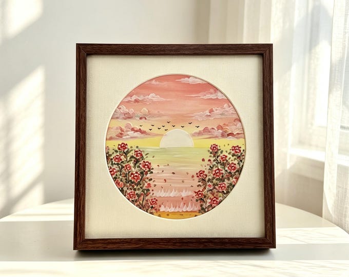 Featured listing image: Sunset Porcelain Painting, Hand Painted Floral Ceramic Tile Art, Original Botanical Ocean Landscape, Aesthetic Ceramic Gift, Porcelain Lover