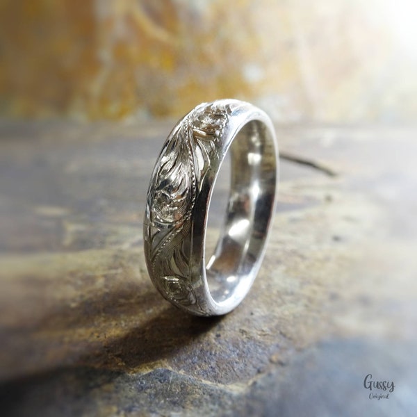 Sterling silver, solid comfort fit wedding band, hand engraved band ring, 6 millimeter wide, mens ring, or 3 millimeter ladies ring