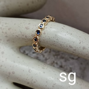 14k yellow gold, blue sapphire, bezel set, stacking ring, anniversary, wedding, pinky, ring, solid gold, stackable, eternity, band