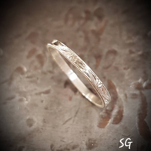 14 karat, solid gold, hand engraved, stackable ring, white gold, beautiful handmade hand engraved, Victorian style ring